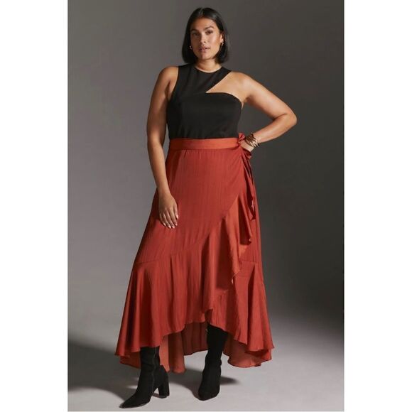 NEW Anthropologie Maeve Dark Orange Ruffled Silky Wrap Tie Maxi Skirt Plus 1X - Picture 1 of 5